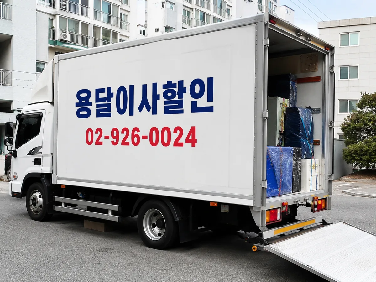 상호와 대표번호 02-926-0024가 표시된 1톤 탑차에 이불로 포장한 짐이 실려 있는 모습