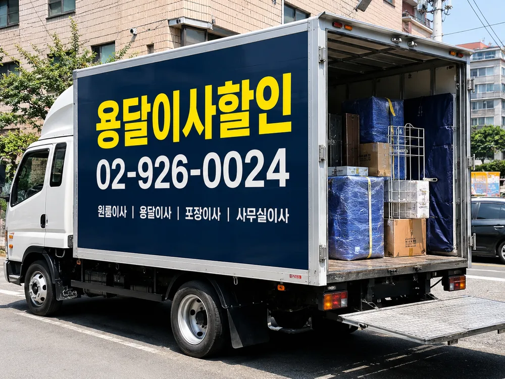 이사 견적 상담 안내 — 서비스 안내가 표기된 1톤 탑차